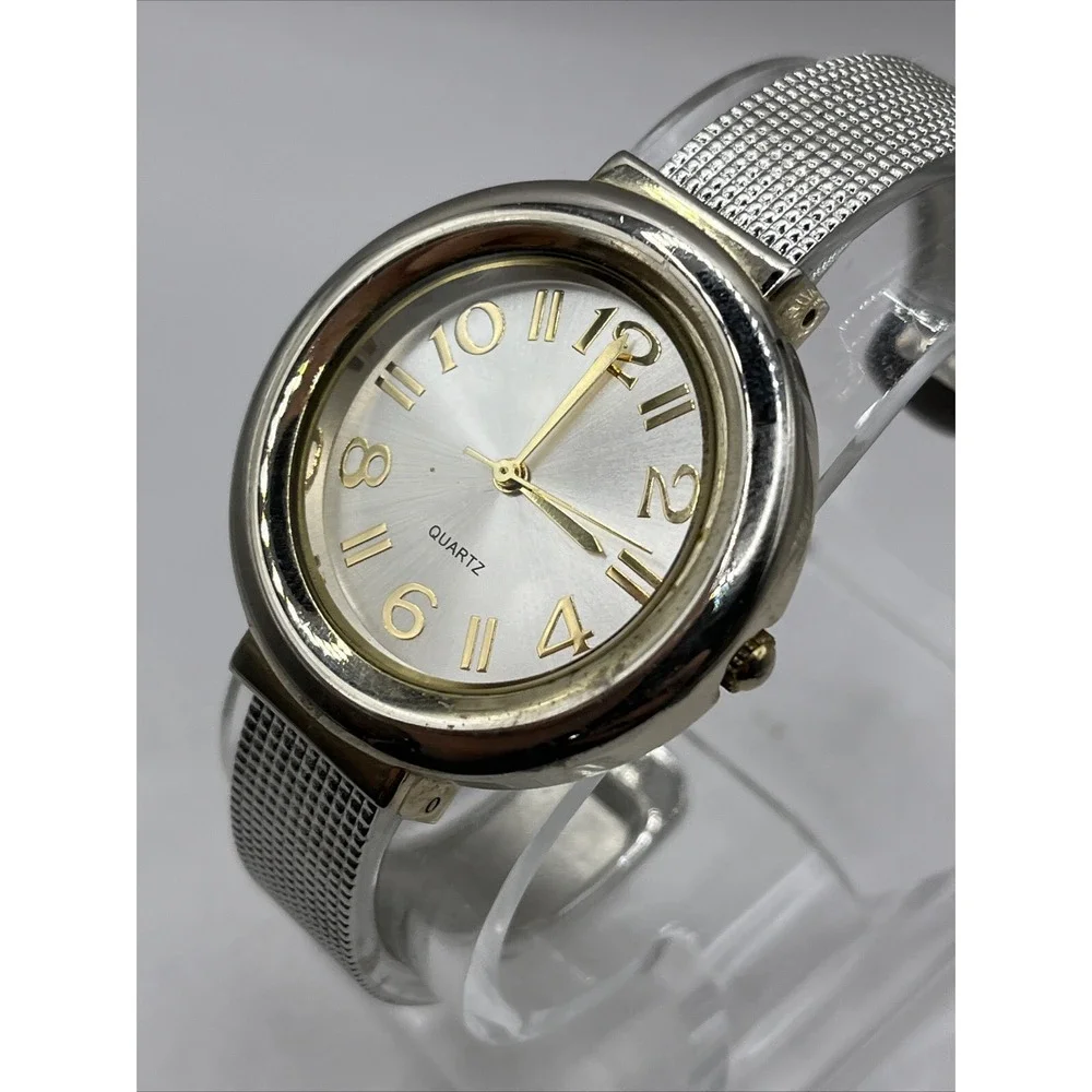 Women's Two Tone Quartz Bangle Cuff Band Watch 36mm Case-‎ New Battery